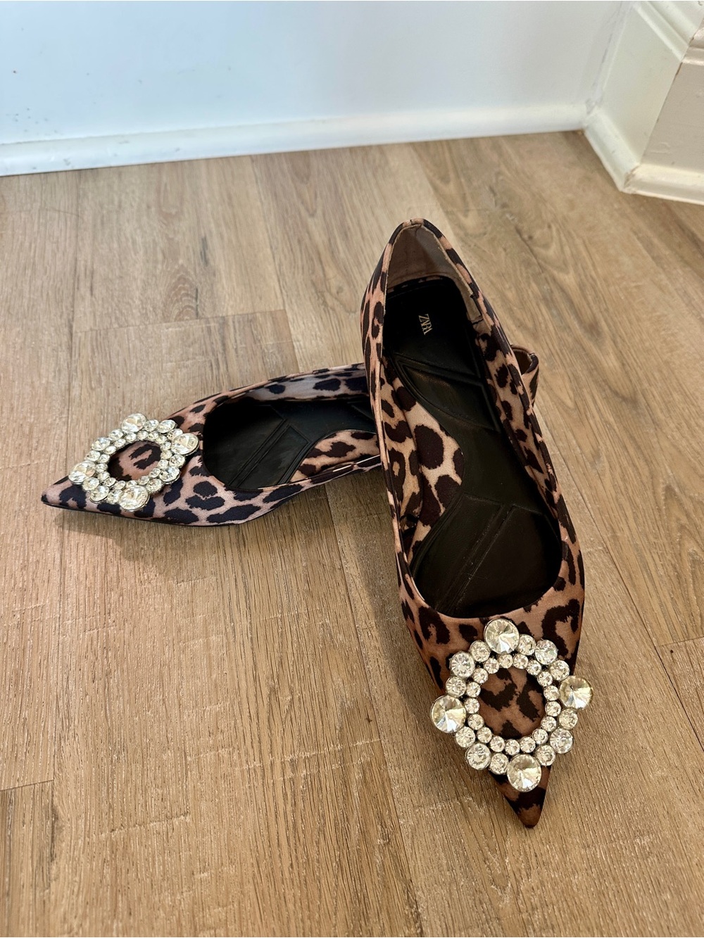 Zara Leopard Print Pointed Flats with Crystal Circle Buckles - Picture 4 of 8